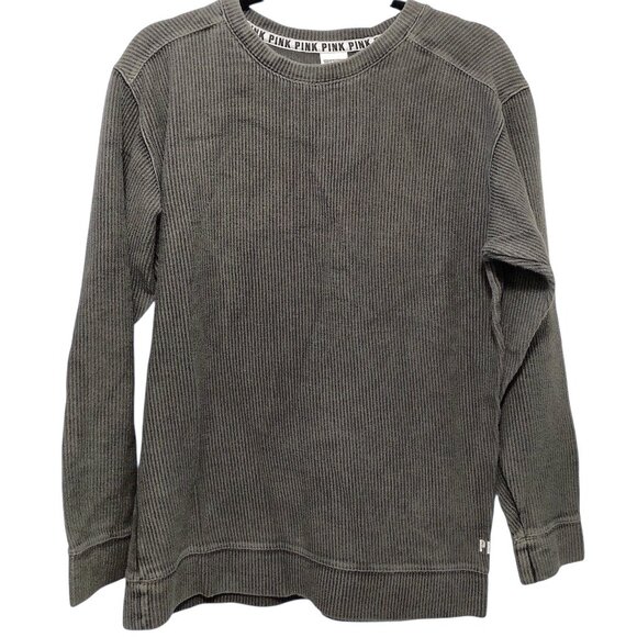 PINK Victoria's Secret Solid Gray Crewneck Ribbed Long Sleeve Top S - Picture 1 of 6